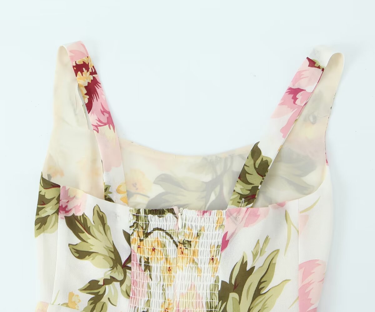 French Vintage Print Lace-Up Midi Dress