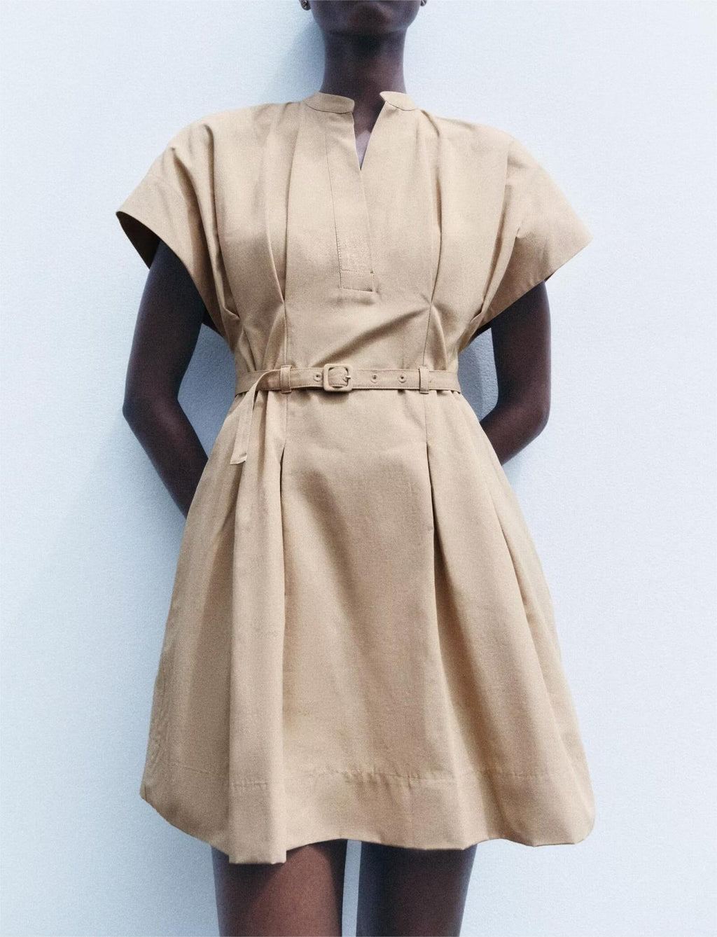 Belted High-Collar Pleated Mini Dress
