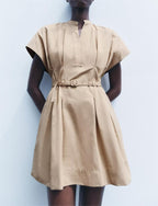 Belted High-Collar Pleated Mini Dress