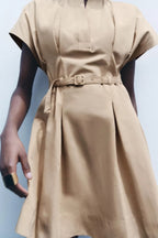 Belted High-Collar Pleated Mini Dress