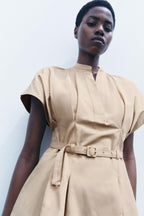 Belted High-Collar Pleated Mini Dress