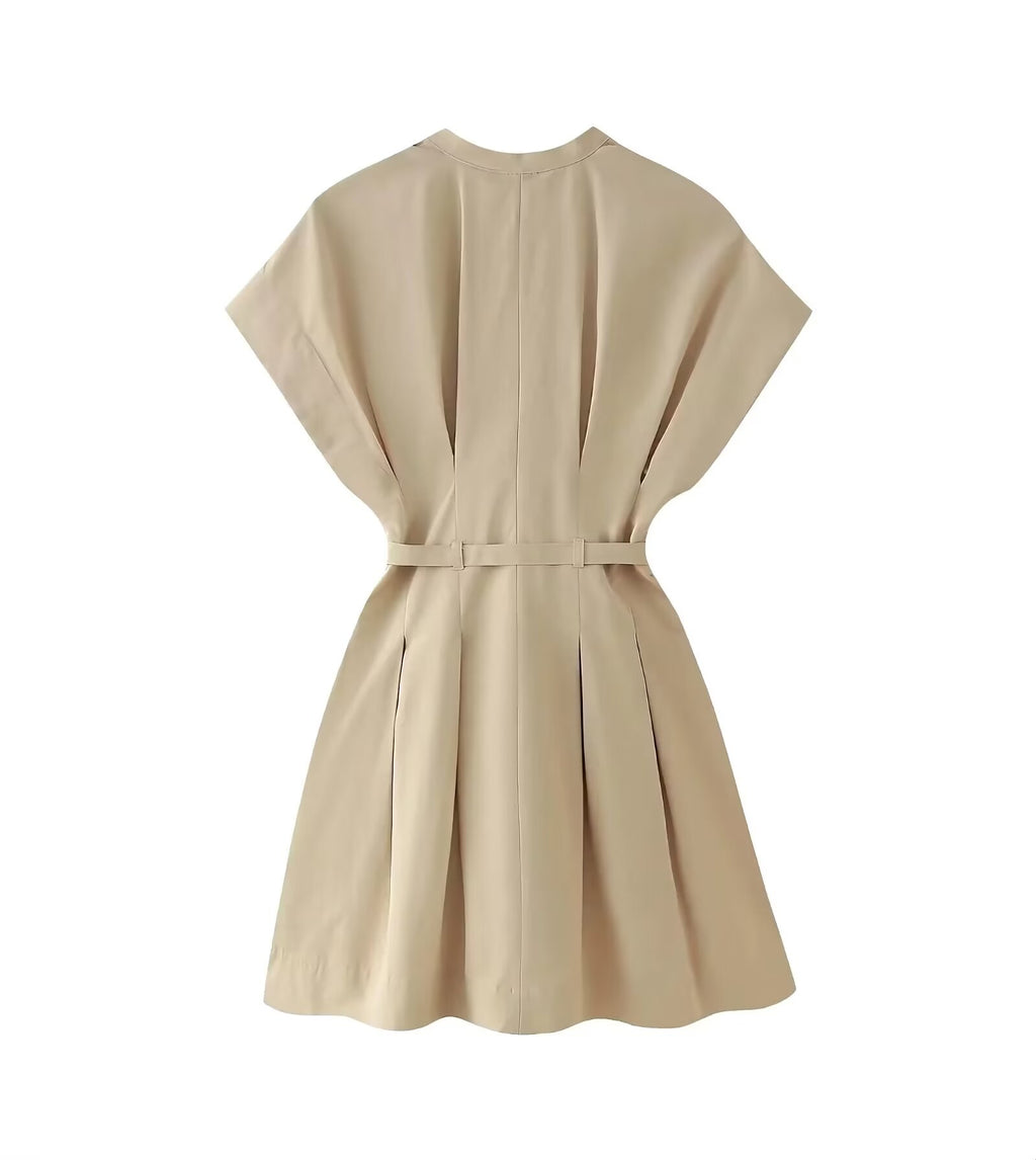 Belted High-Collar Pleated Mini Dress
