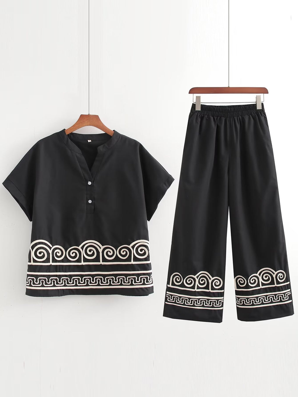 Women's Spring Clothing Vintage Embroidery Black Dress Embroidery Pant Sets