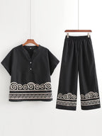 Women's Spring Clothing Vintage Embroidery Black Dress Embroidery Pant Sets