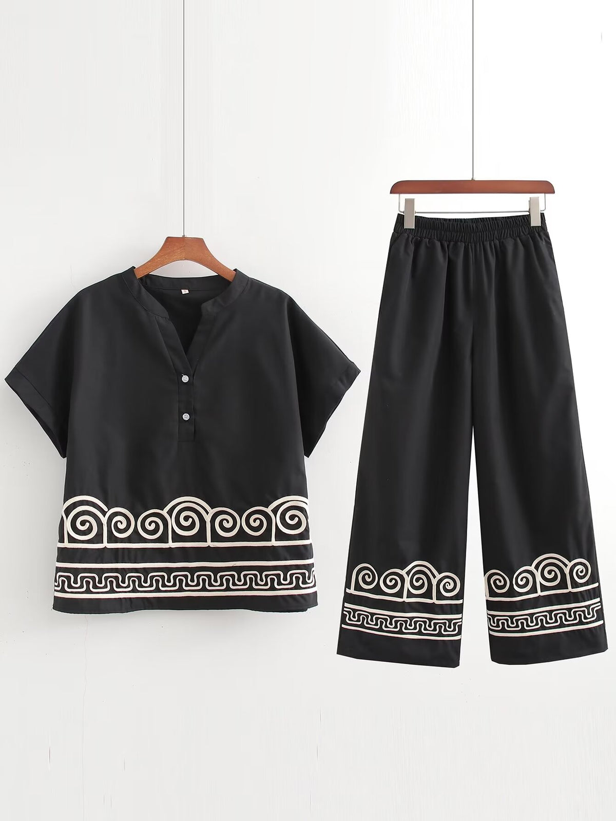 Women's Spring Clothing Vintage Embroidery Black Dress Embroidery Pant Sets