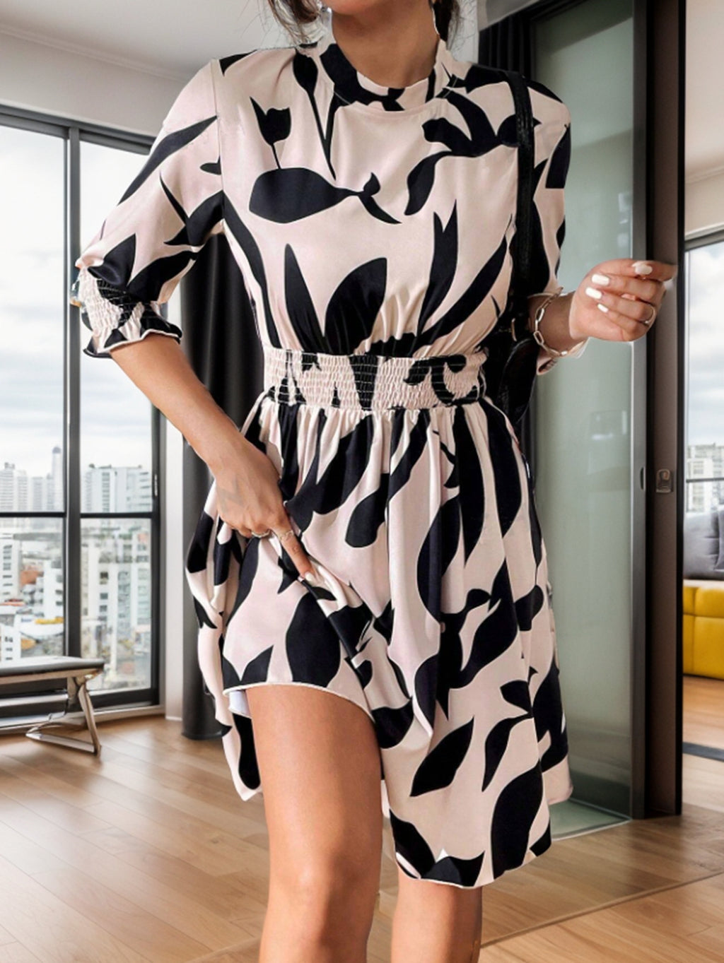 Women's Belted Printed Crew-Neck Mini Dress