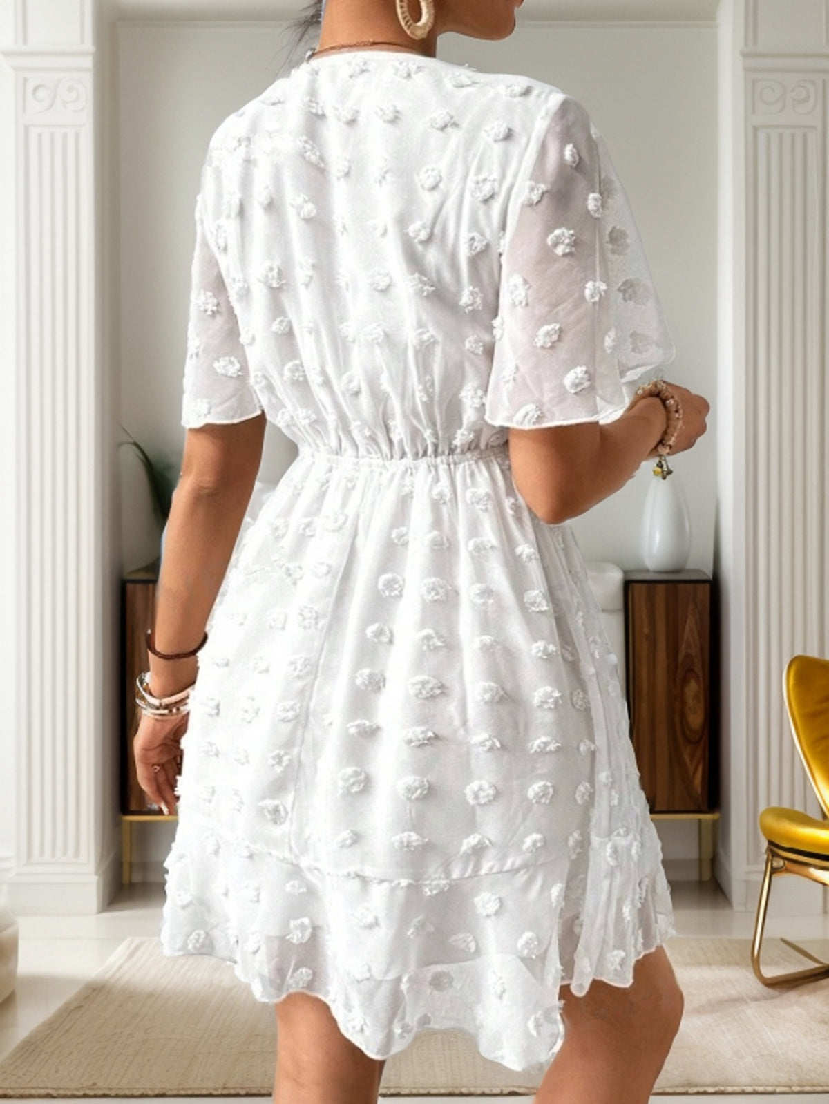 Women's Textured V Neck Short Sleeve A Line Dress