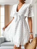 Women's Textured V Neck Short Sleeve A Line Dress