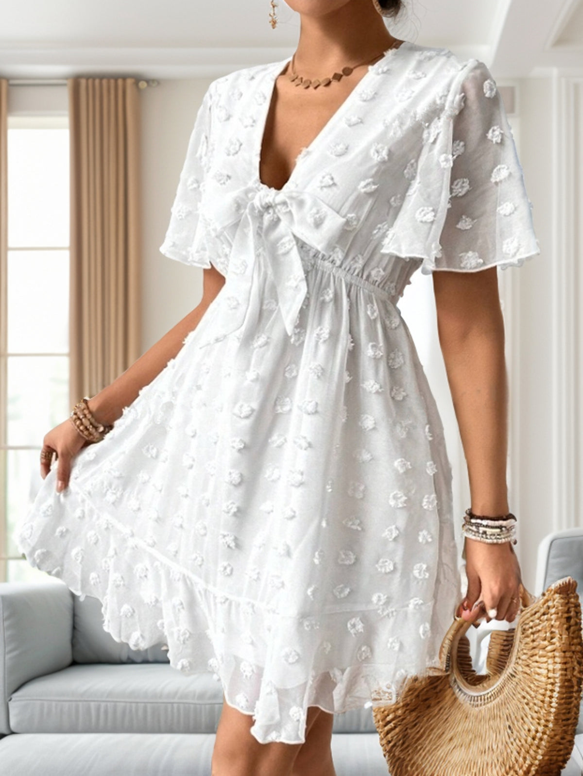 Women's Textured V Neck Short Sleeve A Line Dress