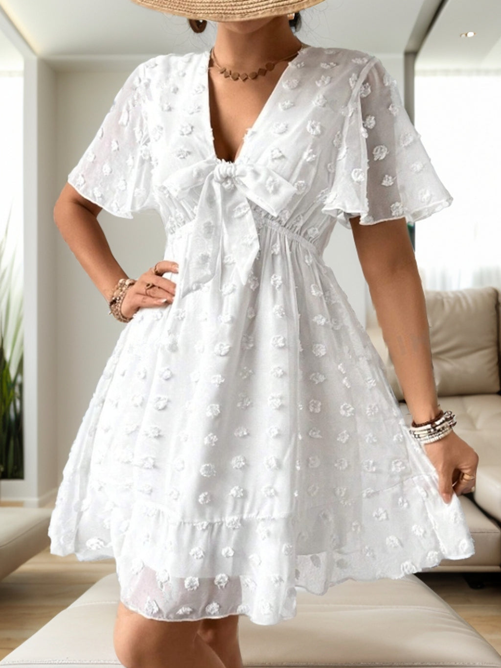 Women's Textured V Neck Short Sleeve A Line Dress
