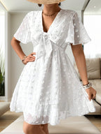 Women's Textured V Neck Short Sleeve A Line Dress
