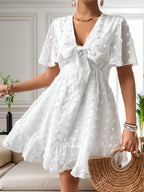 Women's Textured V Neck Short Sleeve A Line Dress