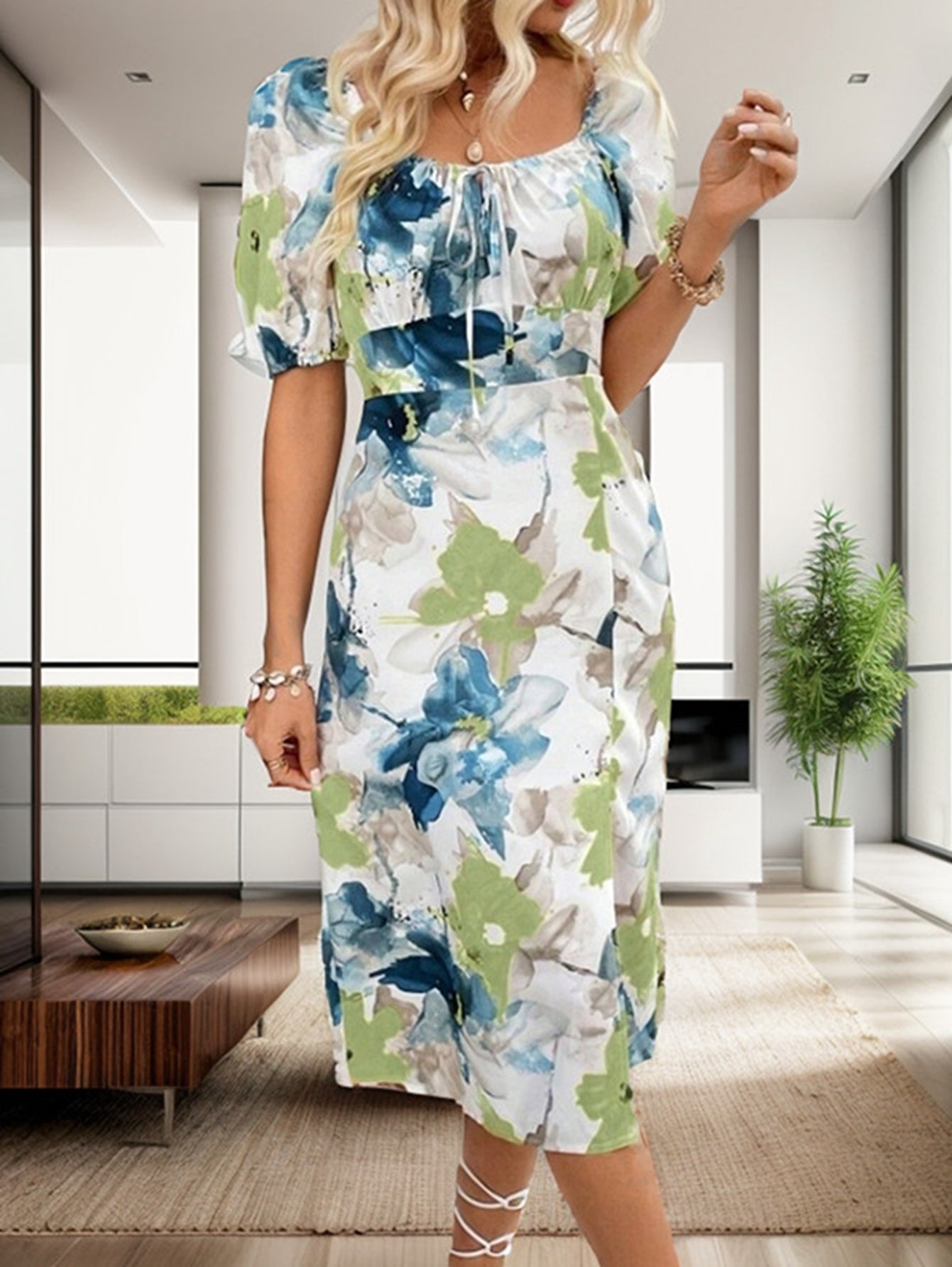 Women's Floral Square-Neck A-Line Dress