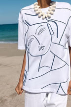 Women's Autumn Women Cotton Loose Top Round Neck Short Sleeve Girl Embroidery Pattern T Shirt