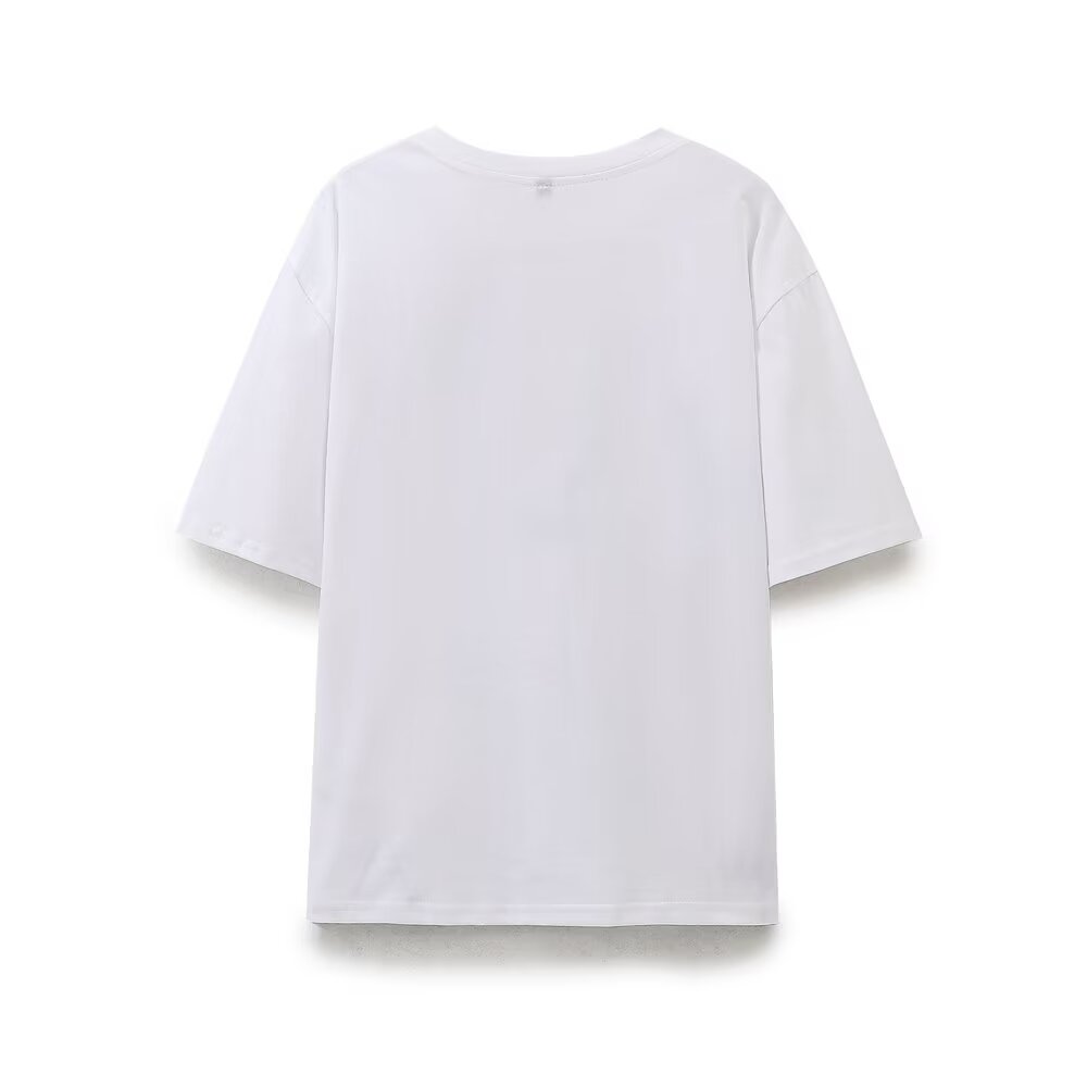 Women's Autumn Women Cotton Loose Top Round Neck Short Sleeve Girl Embroidery Pattern T Shirt