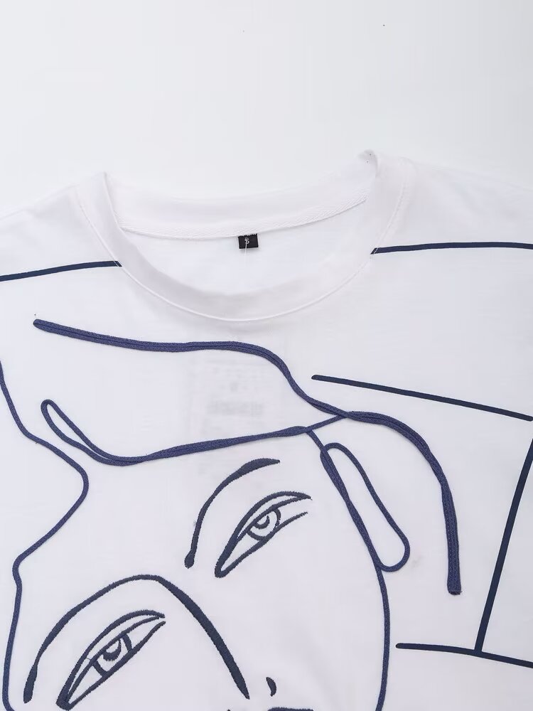 Women's Autumn Women Cotton Loose Top Round Neck Short Sleeve Girl Embroidery Pattern T Shirt