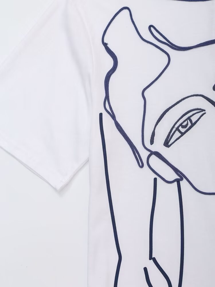 Women's Autumn Women Cotton Loose Top Round Neck Short Sleeve Girl Embroidery Pattern T Shirt