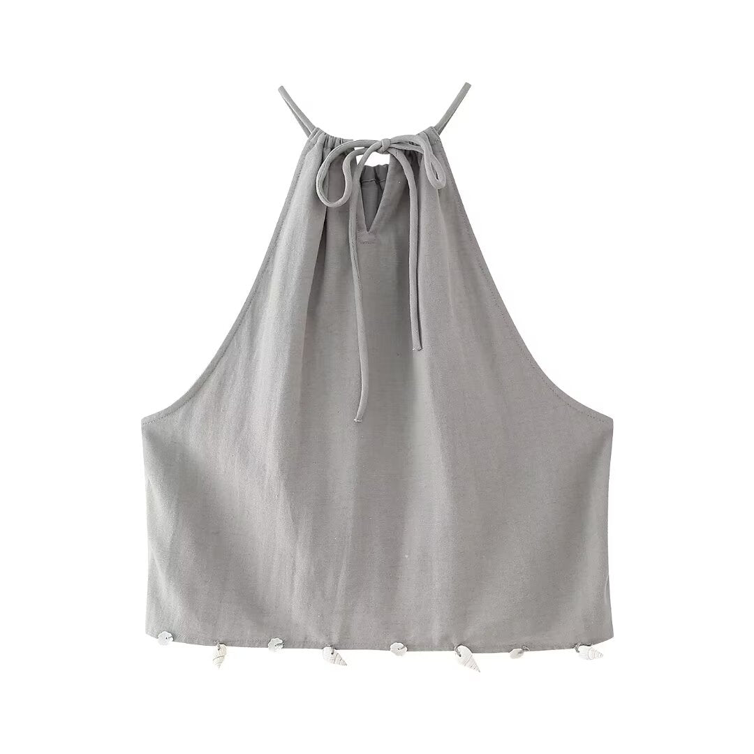 Summer Shell Decoration Top Shell Decoration Wide Leg Drawstring Trousers Suit