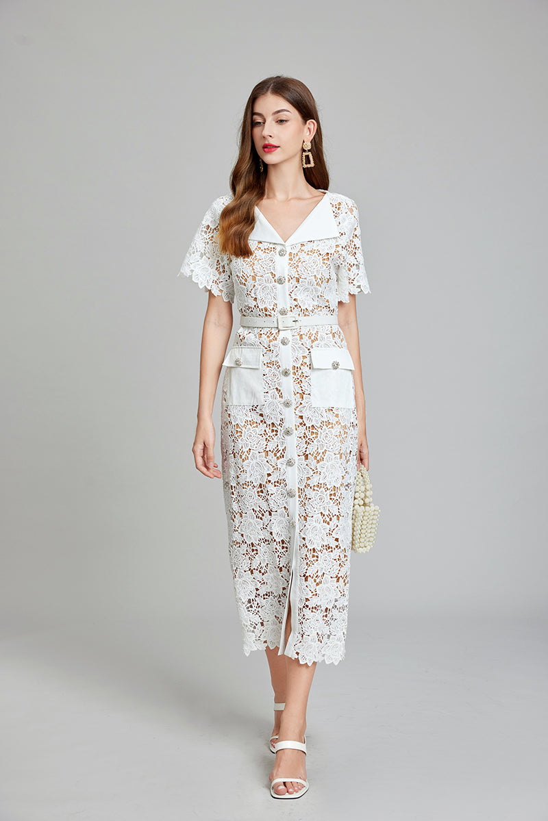 Lace Button Short-Sleeve A-Line Maxi Dress