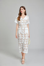 Lace Button Short-Sleeve A-Line Maxi Dress