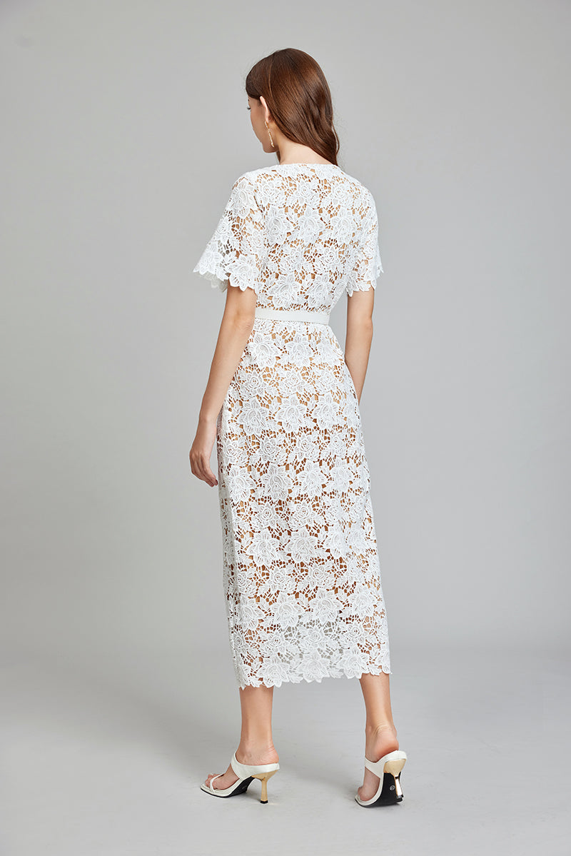 Lace Button Short-Sleeve A-Line Maxi Dress