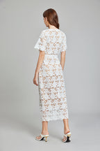 Lace Button Short-Sleeve A-Line Maxi Dress