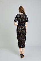 Lace Button Short-Sleeve A-Line Maxi Dress