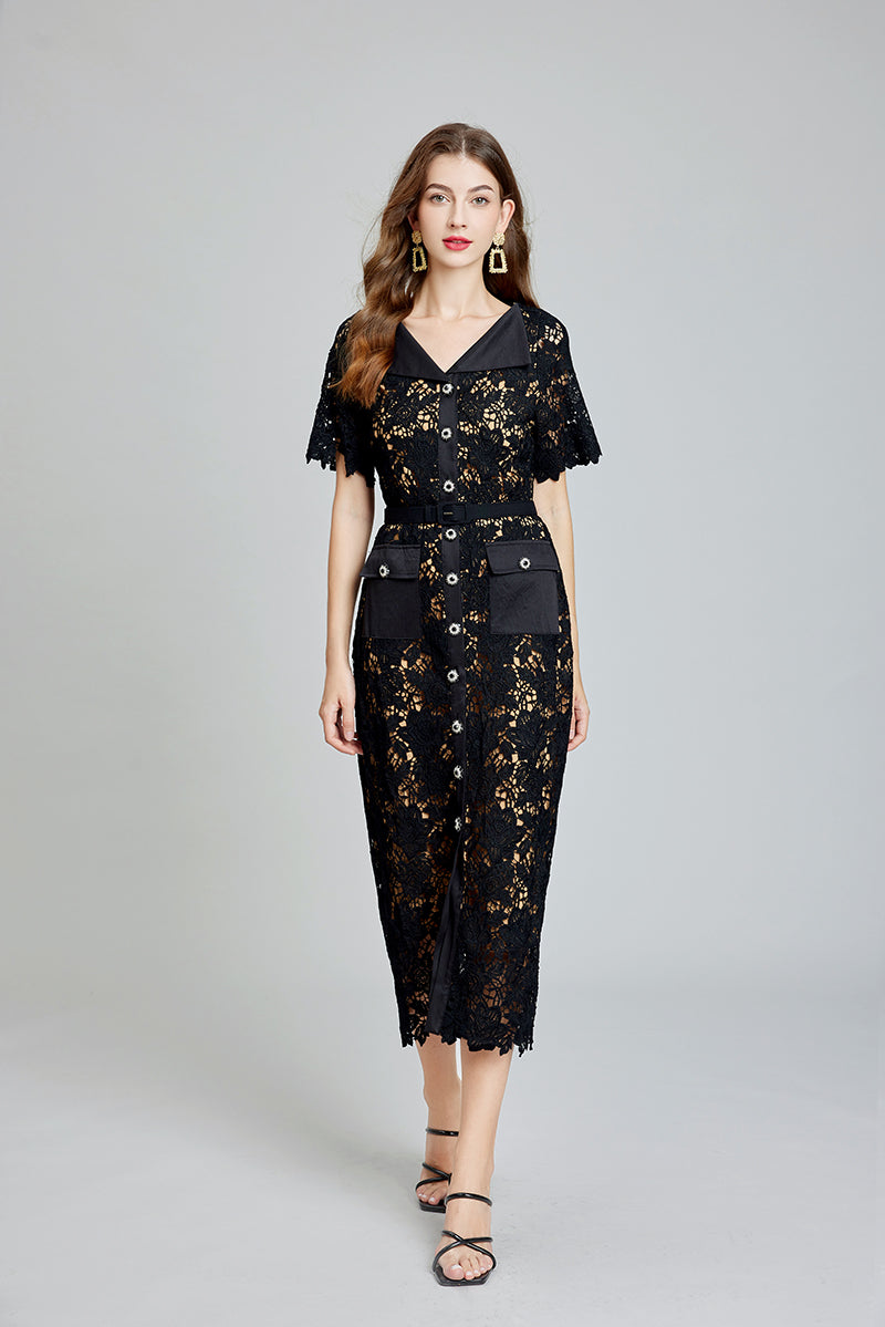 Lace Button Short-Sleeve A-Line Maxi Dress