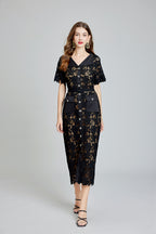 Lace Button Short-Sleeve A-Line Maxi Dress