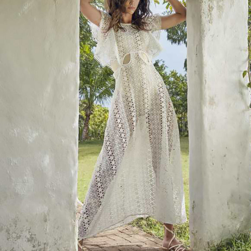 Women's White Lace Waist-Cutout Midi Dress