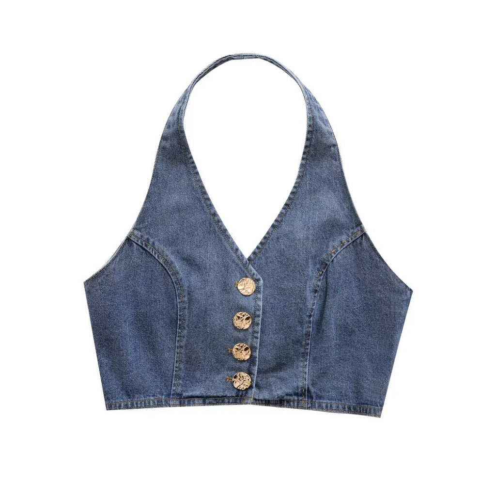 's Clothes French All Match Halter Sleeveless Skinny Short Denim