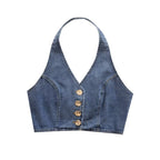 's Clothes French All Match Halter Sleeveless Skinny Short Denim