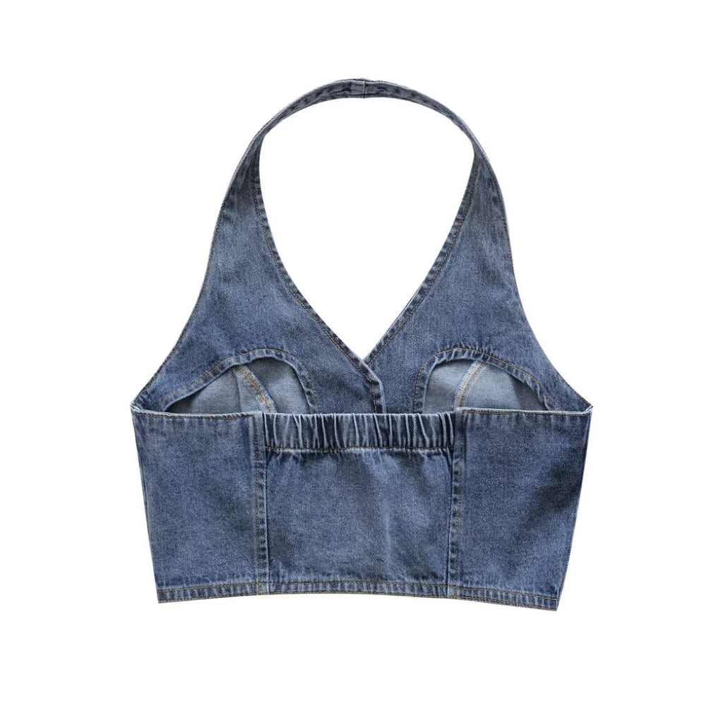 's Clothes French All Match Halter Sleeveless Skinny Short Denim