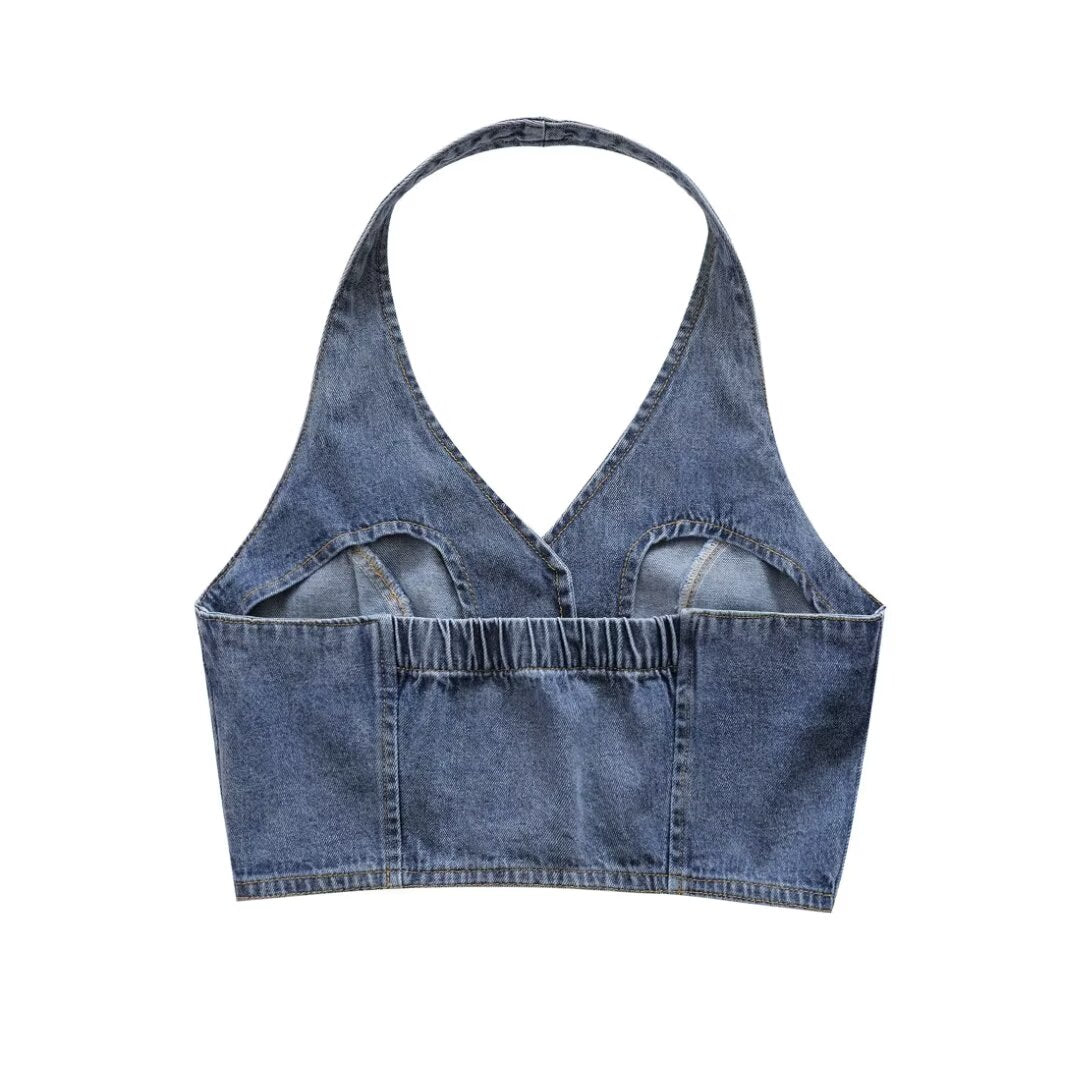 's Clothes French All Match Halter Sleeveless Skinny Short Denim