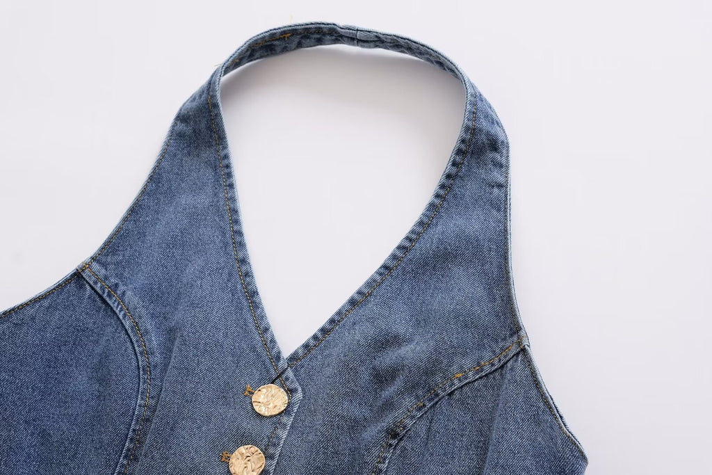 's Clothes French All Match Halter Sleeveless Skinny Short Denim