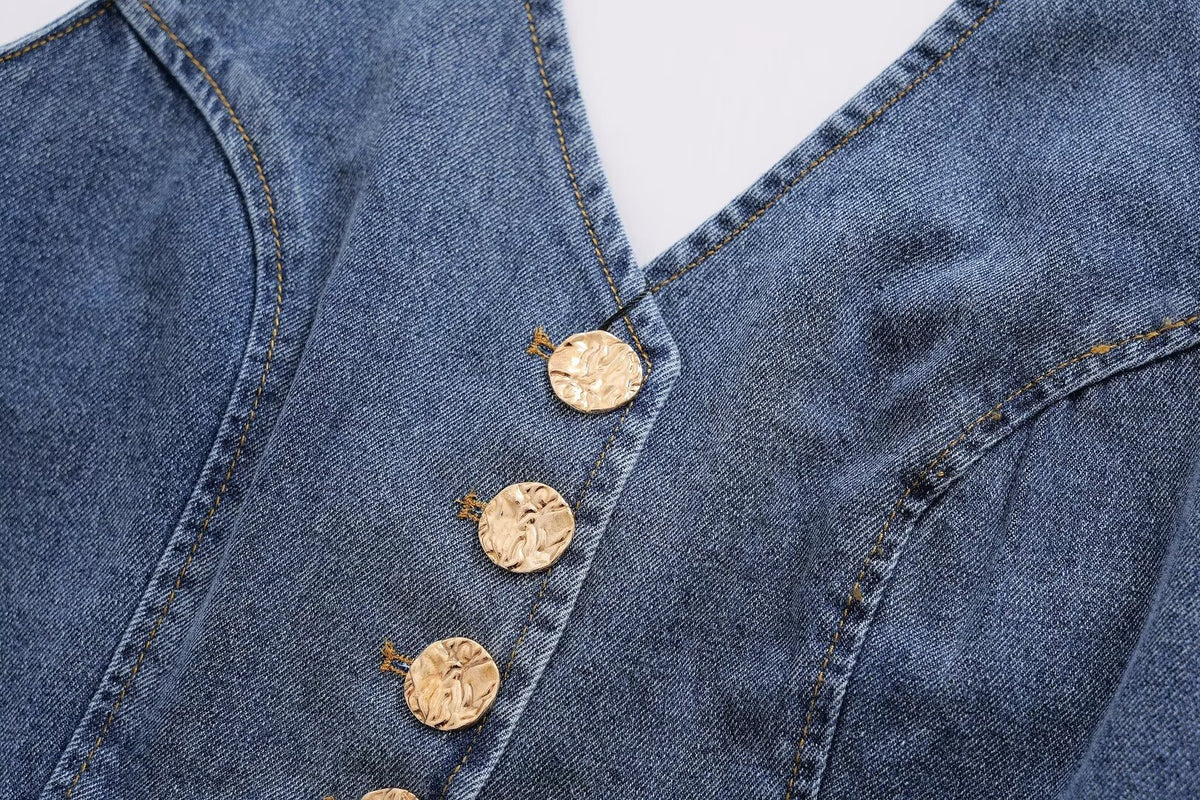 's Clothes French All Match Halter Sleeveless Skinny Short Denim