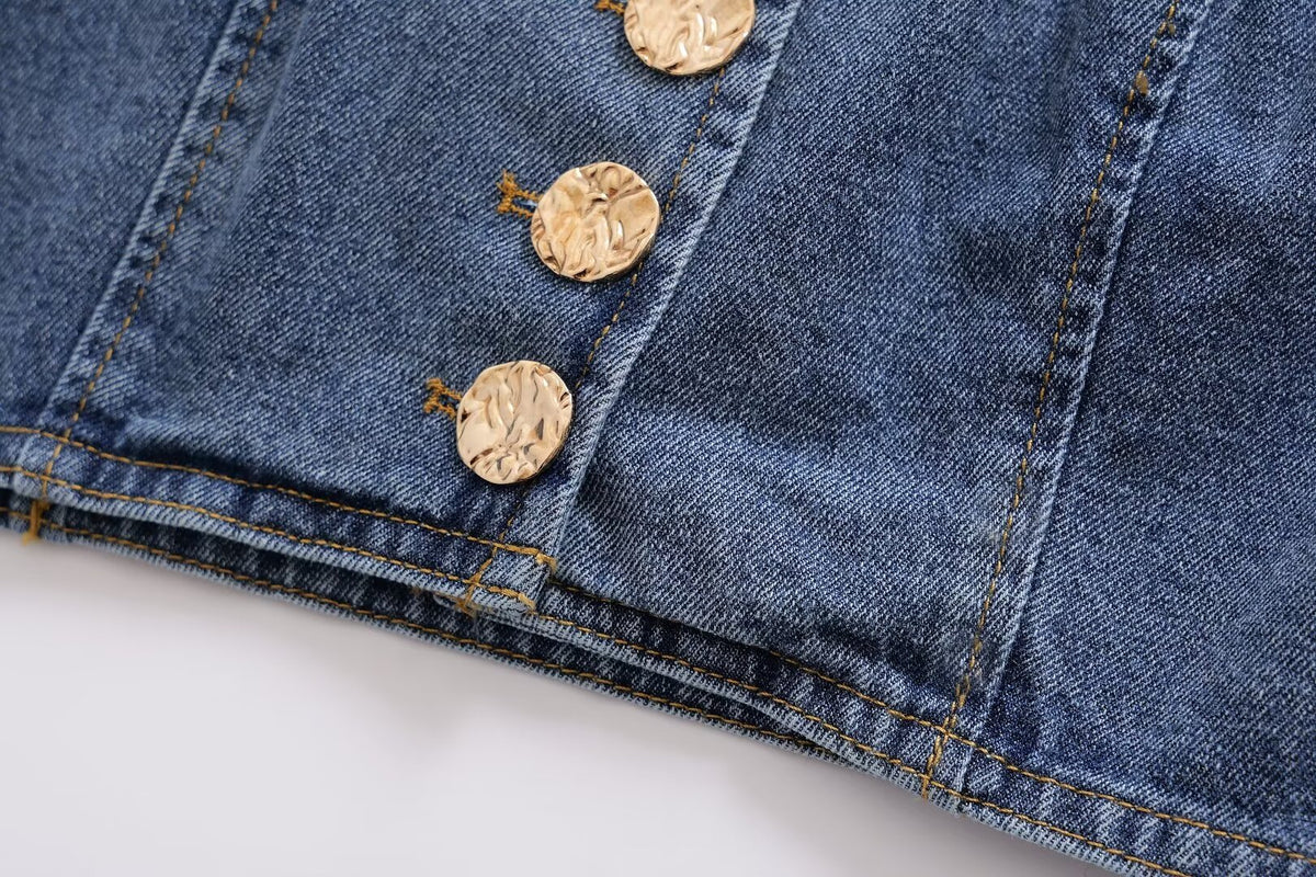 's Clothes French All Match Halter Sleeveless Skinny Short Denim