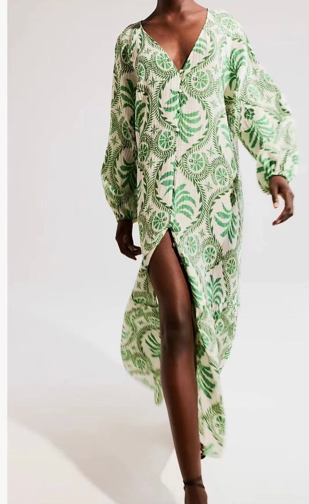 Women's V-Neck Tropical Belted Button Split Maxi Dress