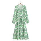 Women's V-Neck Tropical Belted Button Split Maxi Dress