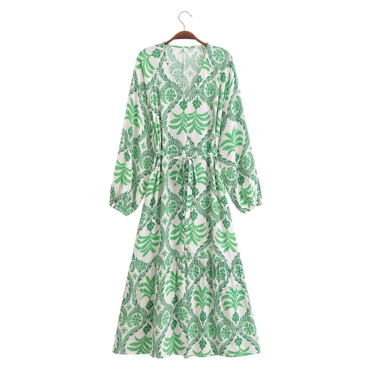 Women's V-Neck Tropical Belted Button Split Maxi Dress