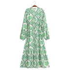 Women's V-Neck Tropical Belted Button Split Maxi Dress