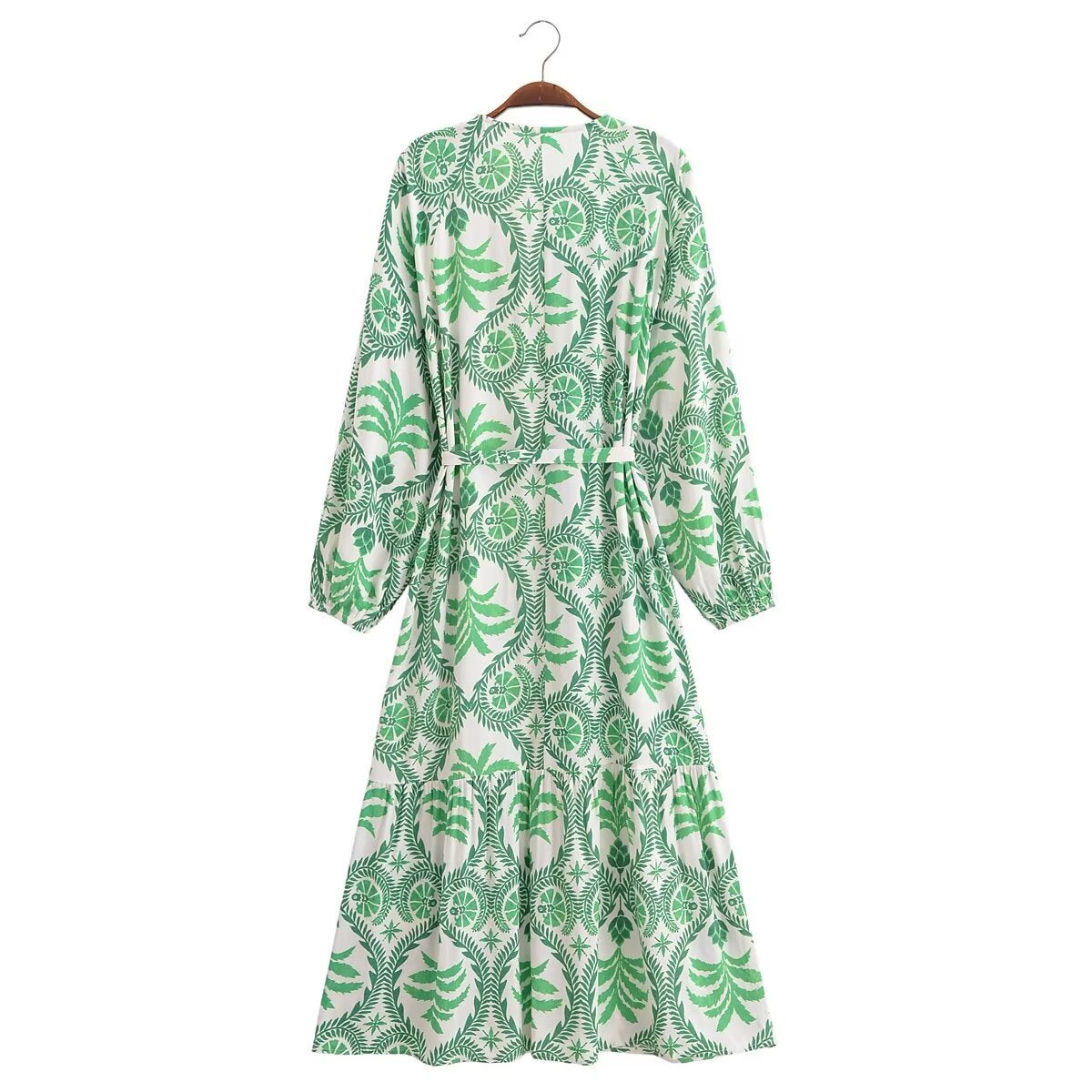 Women's V-Neck Tropical Belted Button Split Maxi Dress