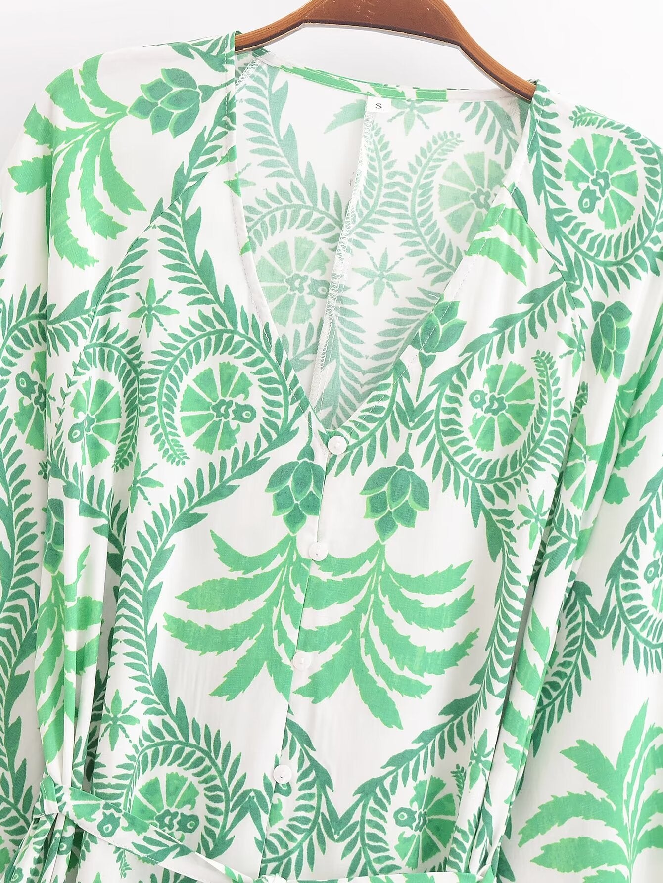 Women's V-Neck Tropical Belted Button Split Maxi Dress