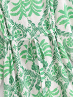 Women's V-Neck Tropical Belted Button Split Maxi Dress