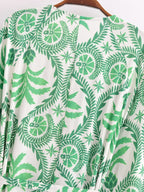 Women's V-Neck Tropical Belted Button Split Maxi Dress