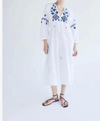 Women's Embroidered Floral V-Neck Lantern-Sleeve Dress