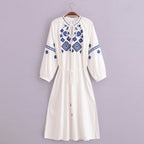Women's Embroidered Floral V-Neck Lantern-Sleeve Dress