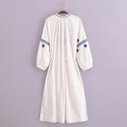 Women's Embroidered Floral V-Neck Lantern-Sleeve Dress