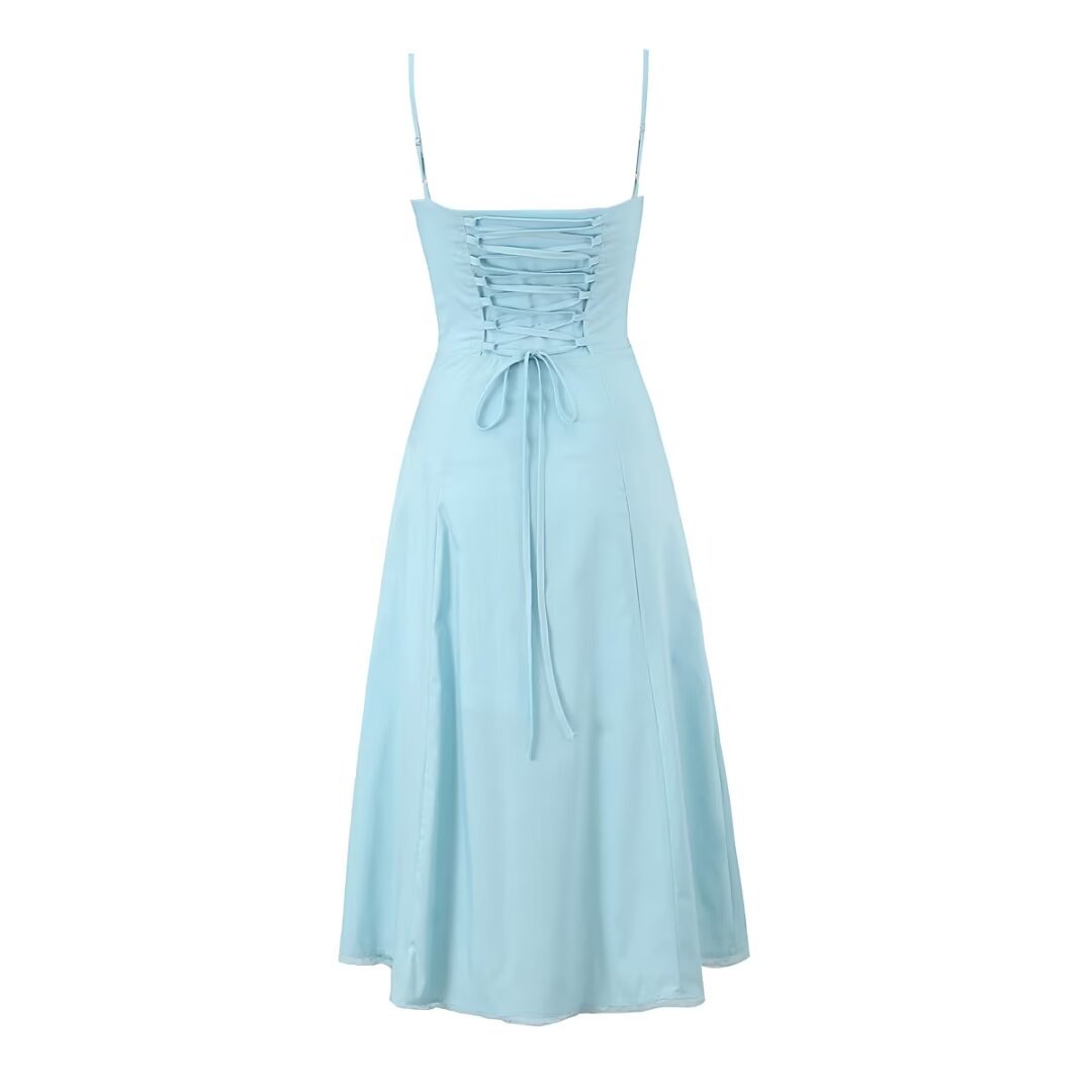 Women's Square-Neck Boned Lace-Up Split A-Line Midi Dress