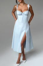 Women's Square-Neck Boned Lace-Up Split A-Line Midi Dress